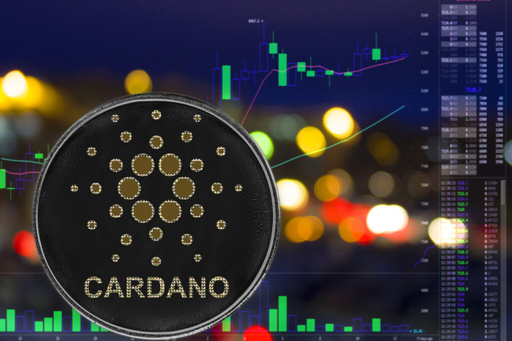 Coin Cryptocurrency Cardano On Night City Background And Chart.